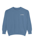 light blue crewneck sweatshirt with word Californian printed on left